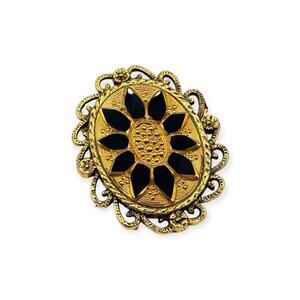 Vintage Florenza Victorian Revival 1950’s Gold Tone Black Glass Statement Brooch